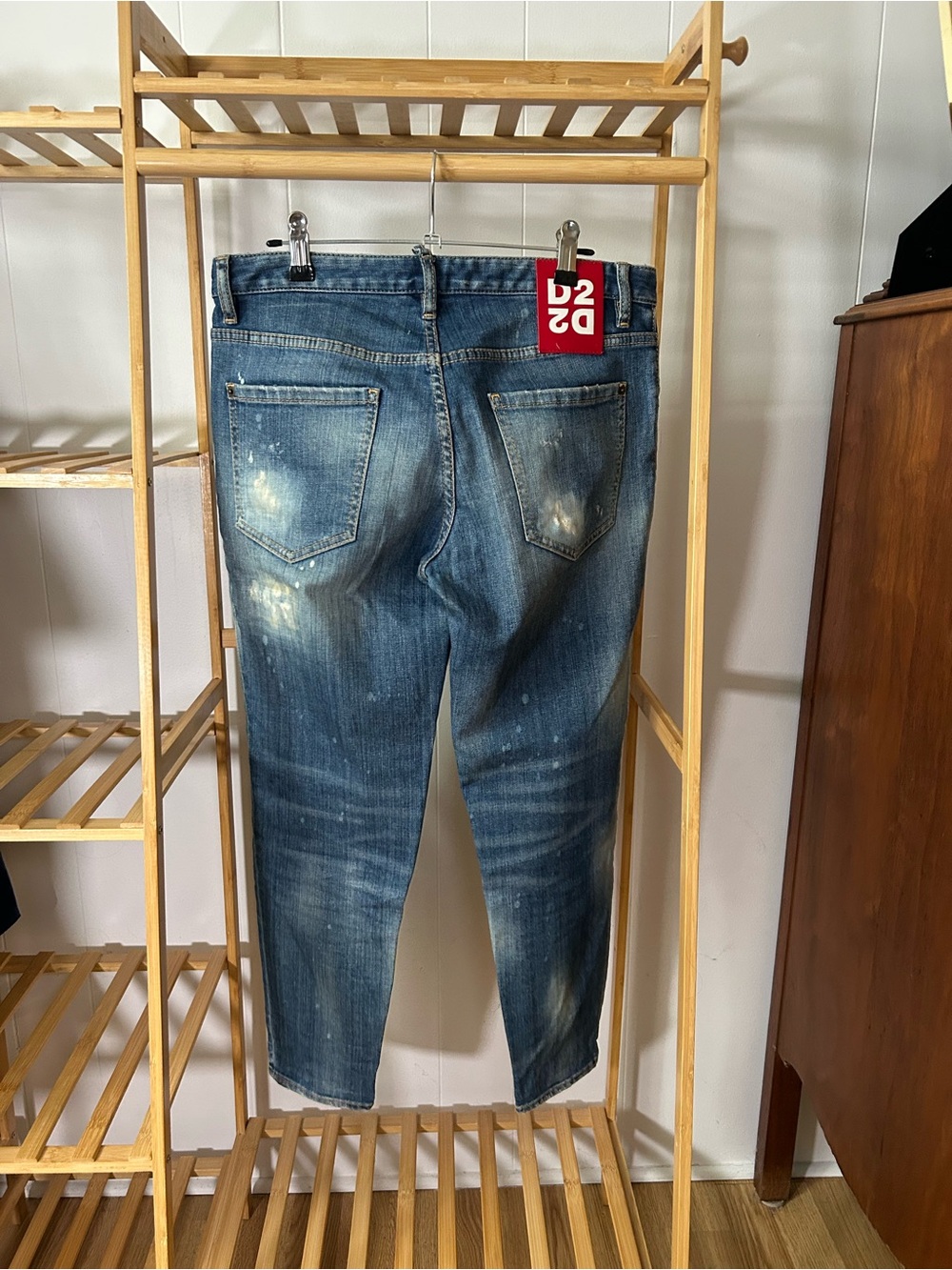 DSQUARED2 Distressed Blue Slim Straight Jeans with Paint-Splatter